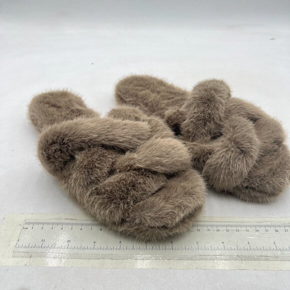 Brown Fuzzy Memory Foam Slippers Furry Heeled Slide Open Toe Indoor Outdoor Shoe - Picture 4 of 8